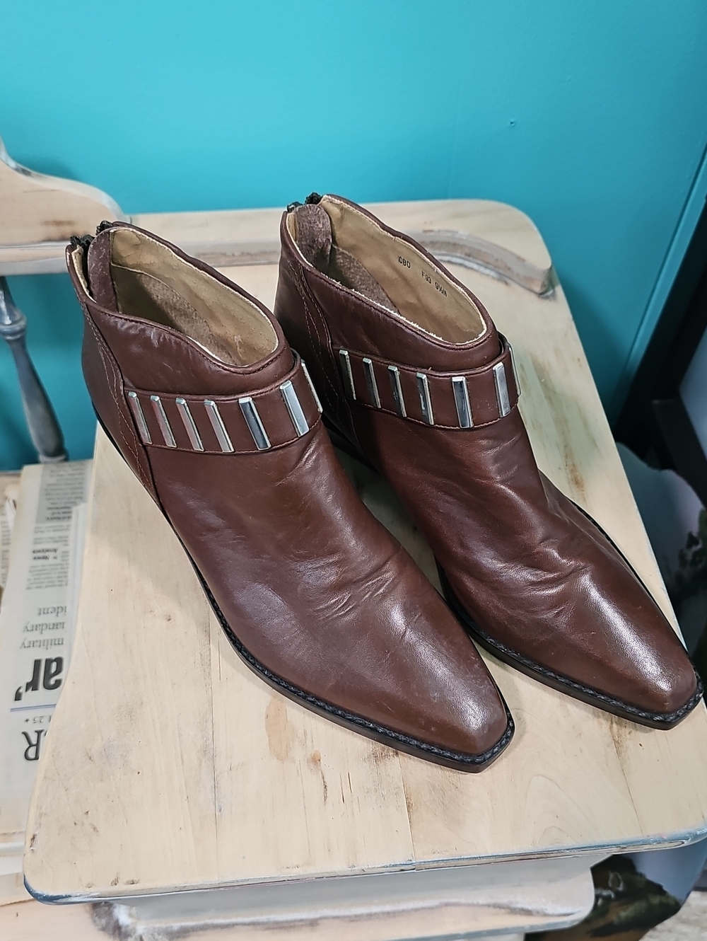 Franco Sarto Brown Leather Ankle Boots with Silver Accents
